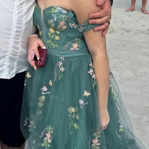 Girls Off-Shoulder Floral Tulle Dress in Teal Green